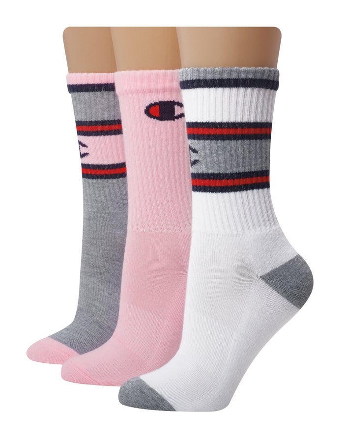 Champion Womens Socks NZ - Crew Embroidered Logo 3-Pairs Pink/White ( 5092-MIFRK )